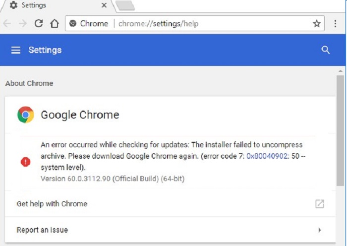 google chrome install failed to start