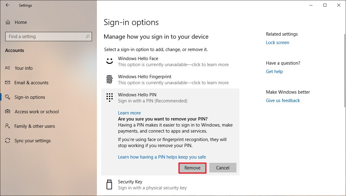 disable hello pin windows 10